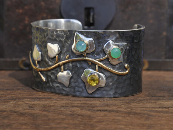 Flowering Vine Cuff Bracelet in Sterling Silver & 18K