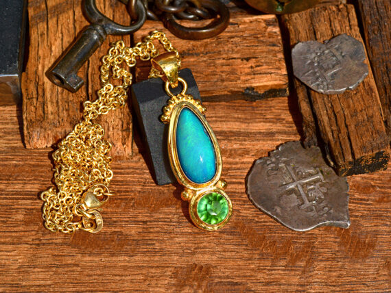 Australian Opal & Green Tourmaline - Gold Pendant