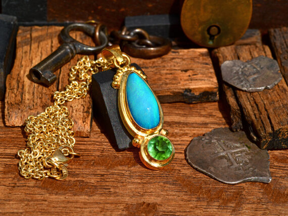 Australian Opal & Green Tourmaline - Gold Pendant
