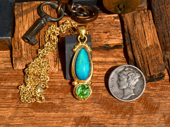 Australian Opal & Green Tourmaline - Gold Pendant