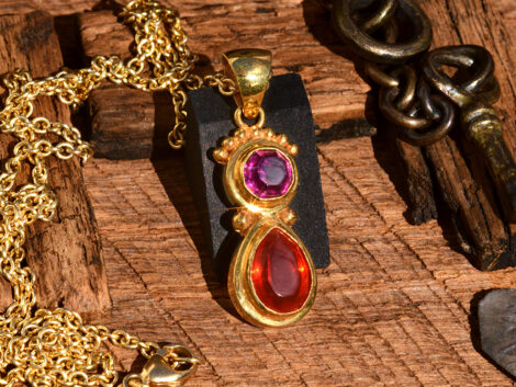 Purple Garnet & Mexican Fire Opal - Gold Pendant