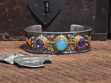 Blue Opal & Amethyst Sterling Silver & 18K Cuff Bracelet