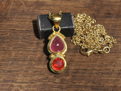 Pink Sapphire & Mexican Fire Opal - Gold Pendant
