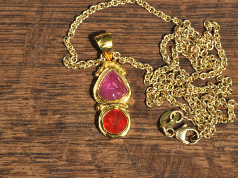 Pink Sapphire & Mexican Fire Opal - Gold Pendant