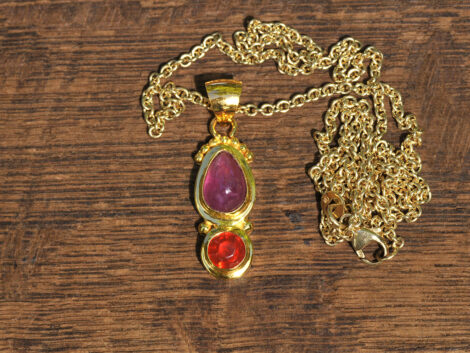 Pink Sapphire & Mexican Fire Opal - Gold Pendant