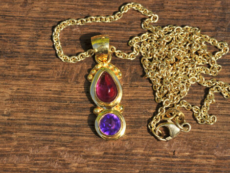 Red Tourmaline & Amethyst - Gold Pendant